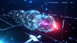 FIGURE 1. Artist’s rendering of the wakefield process. An ultra-intense, infrared laser pulse (red) drags a three-dimensional plasma wake behind it. Electrons are injected into this wake at the back of the first bubble and get accelerated, following the laser pulse. FIGURE 1. Artist’s rendering of the wakefield process. An ultra-intense, infrared laser pulse (red) drags a three-dimensional plasma wake behind it. Electrons are injected into this wake at the back of the first bubble and get accelerated, following the laser pulse.