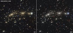FIGURE 2. This side-by-side comparison of galaxy cluster MACS0416 as seen by the Hubble in optical light (left) and Webb in infrared light (right) reveals different details. Both images feature hundreds of galaxies, but the Webb image shows galaxies that are invisible or only barely visible in the Hubble image. The total exposure time for Webb was about 22 hours, compared to 122 hours of exposure time for the Hubble image.