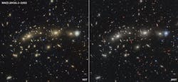 FIGURE 2. This side-by-side comparison of galaxy cluster MACS0416 as seen by the Hubble in optical light (left) and Webb in infrared light (right) reveals different details. Both images feature hundreds of galaxies, but the Webb image shows galaxies that are invisible or only barely visible in the Hubble image. The total exposure time for Webb was about 22 hours, compared to 122 hours of exposure time for the Hubble image. FIGURE 2. This side-by-side comparison of galaxy cluster MACS0416 as seen by the Hubble in optical light (left) and Webb in infrared light (right) reveals different details. Both images feature hundreds of galaxies, but the Webb image shows galaxies that are invisible or only barely visible in the Hubble image. The total exposure time for Webb was about 22 hours, compared to 122 hours of exposure time for the Hubble image.