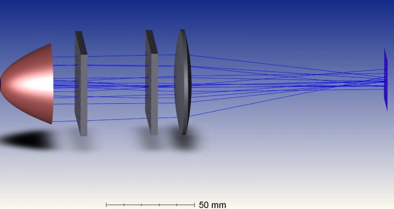 The diagram shows the light path, from left to right, consisting of the light source, reflector, lens array 1, lens array 2, collimator lens, and detector. There are a total of 2 detectors, one placed in front of lens array 1 and the other behind lens array 2.