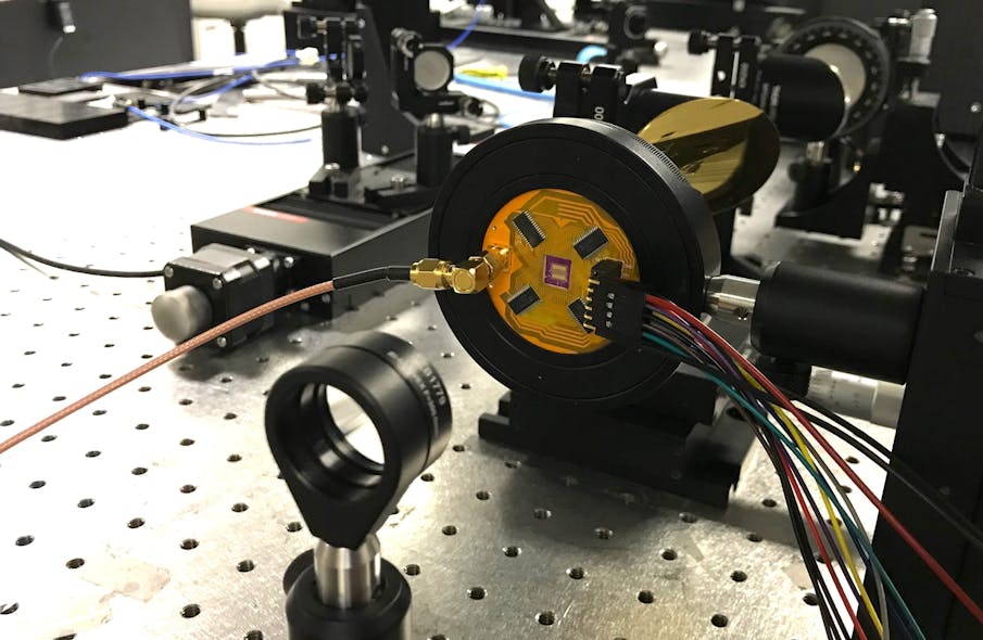 Picture of the plasmonic photoconductive THz-FPA in a terahertz time-domain imaging setup.
