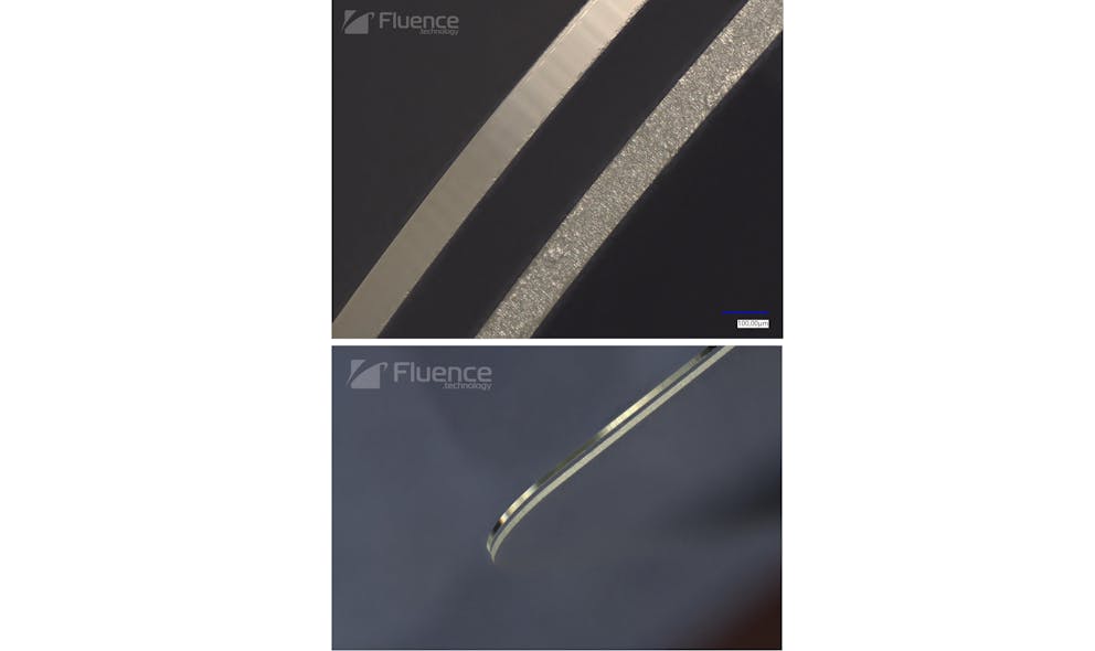 FIGURE 1. A photograph showing samples of Ultra-Thin Glass (UTG) with a thickness of 100 &mu;m (top); the presented cut surfaces exhibit significantly precise, glossy-finish results when using femtosecond pulses (left) compared to the rough-cut surface achieved with picosecond pulses (right). A photograph showing samples of UTG with a thickness of 200 &micro;m is also shown (bottom).