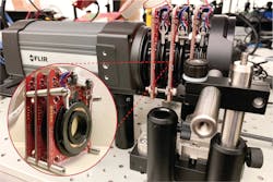 FIGURE 2. In the research team's imaging setup, a stack of spinning metasurfaces breaks down thermal light into its spectral and polarimetric components. The researchers combined their metasurface stack with a traditional longwave-infrared camera and computational imaging algorithms to create a compact and robust spectral thermal imaging system. FIGURE 2. In the research team's imaging setup, a stack of spinning metasurfaces breaks down thermal light into its spectral and polarimetric components. The researchers combined their metasurface stack with a traditional longwave-infrared camera and computational imaging algorithms to create a compact and robust spectral thermal imaging system.