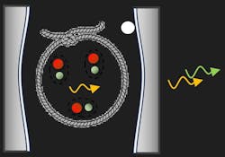 FIGURE 2. Illustration of the three-exciton bound state coupled to the light-matter particles (polaritons) within the fiber cavity. The bound state changes the interactions between polaritons and strongly modifies the properties of the emitted light. FIGURE 2. Illustration of the three-exciton bound state coupled to the light-matter particles (polaritons) within the fiber cavity. The bound state changes the interactions between polaritons and strongly modifies the properties of the emitted light.