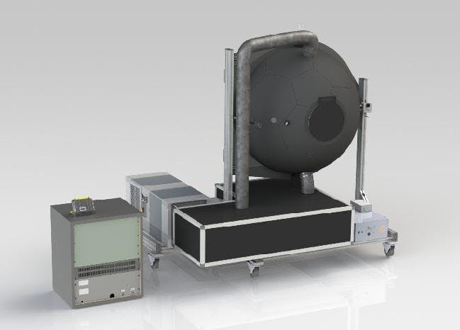 An ambient air control integrating sphere system for LED testing features ducting (inside the black structure below the sphere) to control the diversion of the flow from the sphere to the closed loop return to the environmental control unit. All electronics and measuring equipment is stored in the electronics rack.