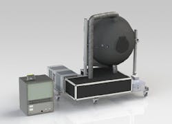 An ambient air control integrating sphere system for LED testing features ducting (inside the black structure below the sphere) to control the diversion of the flow from the sphere to the closed loop return to the environmental control unit. All electronics and measuring equipment is stored in the electronics rack. An ambient air control integrating sphere system for LED testing features ducting (inside the black structure below the sphere) to control the diversion of the flow from the sphere to the closed loop return to the environmental control unit. All electronics and measuring equipment is stored in the electronics rack.