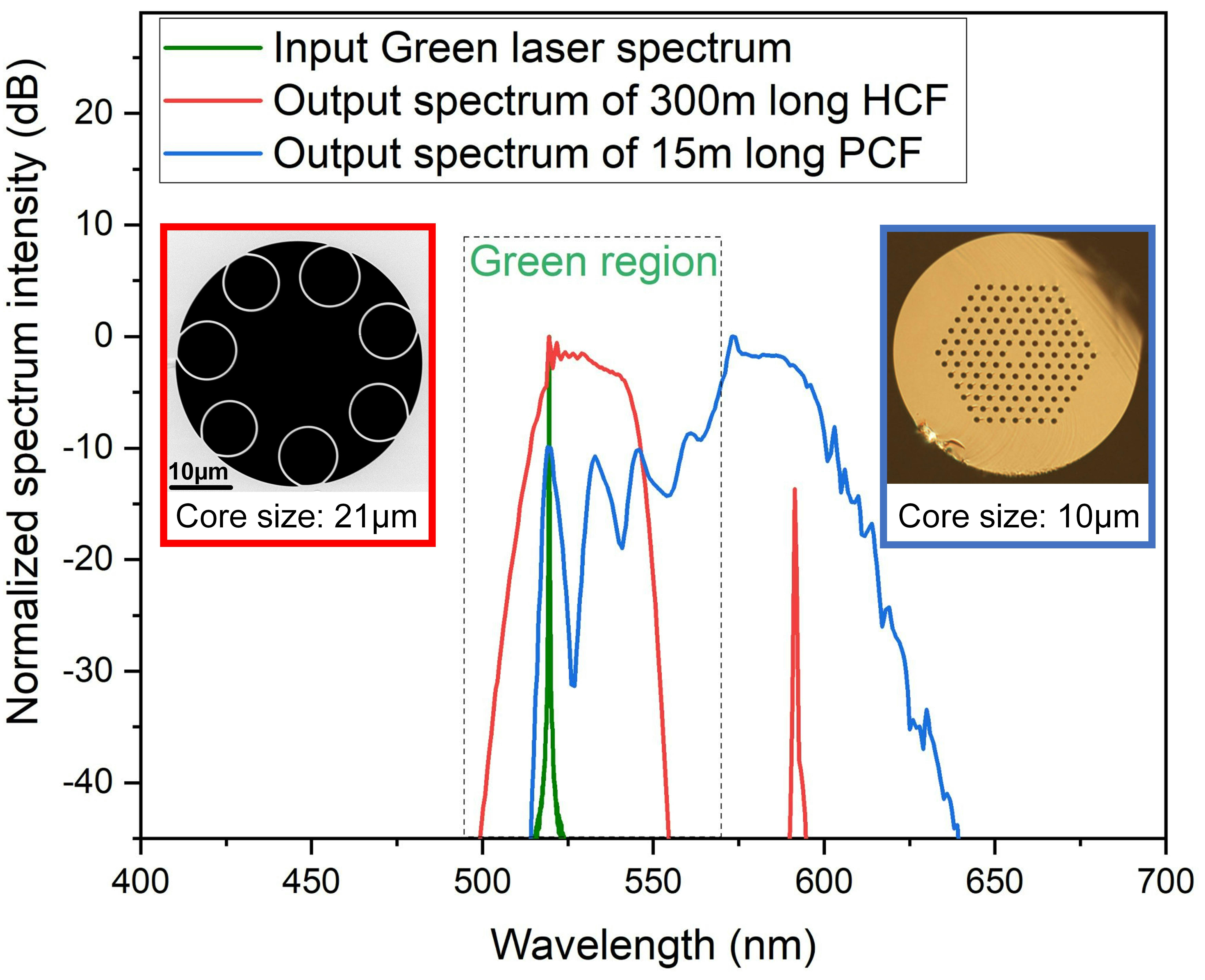 FIGURE 3. A comparison of output spectra for the 15-m-long PCF and the 300-m-long HCF.