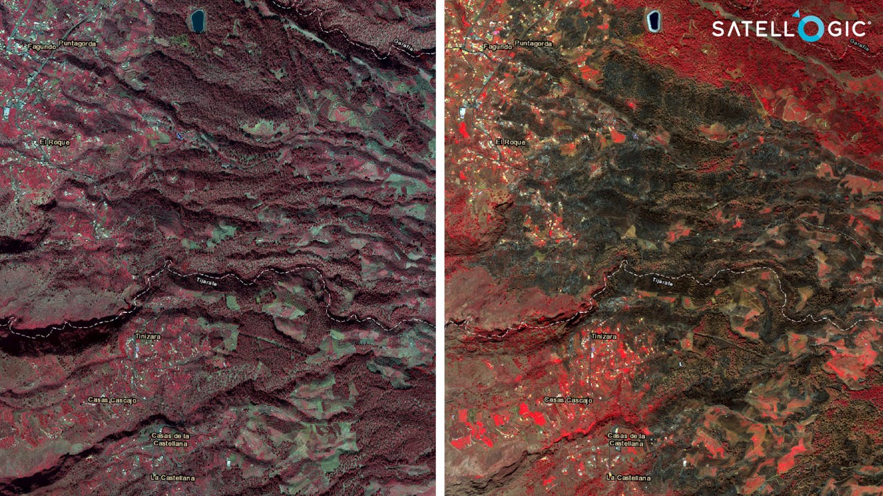 FIGURE 1. La Palma wildfire, July 2023. Left: February 2021 (Source: PNOA). Right: July 2023 (Source: Satellogic). Red hues represent healthy vegetation, and dark hues represent burned areas.