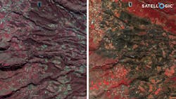 FIGURE 1. La Palma wildfire, July 2023. Left: February 2021 (Source: PNOA). Right: July 2023 (Source: Satellogic). Red hues represent healthy vegetation, and dark hues represent burned areas.