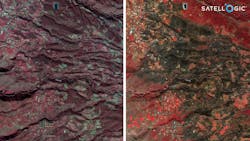 FIGURE 1. La Palma wildfire, July 2023. Left: February 2021 (Source: PNOA). Right: July 2023 (Source: Satellogic). Red hues represent healthy vegetation, and dark hues represent burned areas. FIGURE 1. La Palma wildfire, July 2023. Left: February 2021 (Source: PNOA). Right: July 2023 (Source: Satellogic). Red hues represent healthy vegetation, and dark hues represent burned areas.