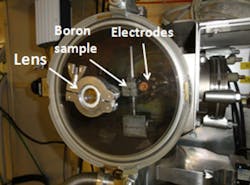 FIGURE 8. The vacuum chamber of the DPF device with a boron sample placed inside and a specially prepared vacuum flange with a lens. FIGURE 8. The vacuum chamber of the DPF device with a boron sample placed inside and a specially prepared vacuum flange with a lens.