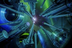 FIGURE 3. An image inside the OMEGA target chamber during a target shot. FIGURE 3. An image inside the OMEGA target chamber during a target shot.