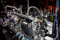 FIGURE 4. A diode-pumped crystal large-aperture ring amplifier system, based on an architecture previously developed to pump optical parametric chirped-pulse amplification stages in the MTW and OMEGA EP lasers, delivers 1.5-J pulses at 5 Hz to pump the first two broadband amplifiers on the Fourth-generation Laser for Ultra-broadband eXperiments (FLUX). FIGURE 4. A diode-pumped crystal large-aperture ring amplifier system, based on an architecture previously developed to pump optical parametric chirped-pulse amplification stages in the MTW and OMEGA EP lasers, delivers 1.5-J pulses at 5 Hz to pump the first two broadband amplifiers on the Fourth-generation Laser for Ultra-broadband eXperiments (FLUX).