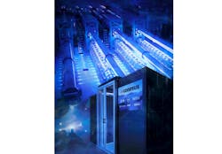 The Conesus Supercomputer is shown in the bottom right with the OMEGA EP Laser System (top) and an image of a target shot inside the target chamber (bottom left). The Conesus Supercomputer is shown in the bottom right with the OMEGA EP Laser System (top) and an image of a target shot inside the target chamber (bottom left).