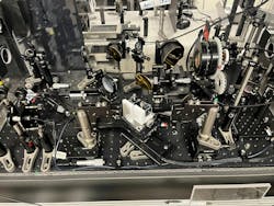 Close-up of part of the experimental setup, where strong terahertz radiation is generated and steered. Close-up of part of the experimental setup, where strong terahertz radiation is generated and steered.