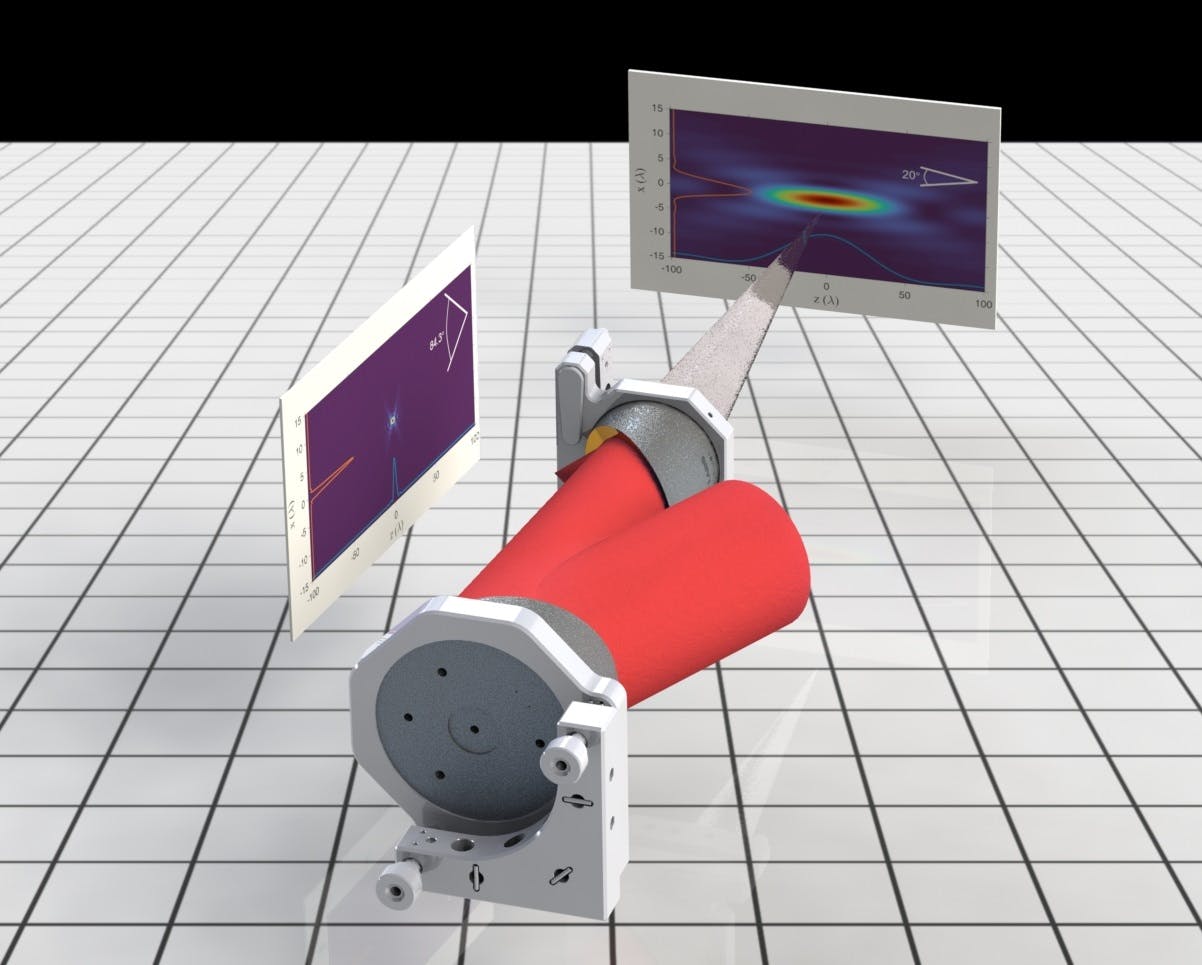 A schematic comparing tight focusing using a combined parabolic mirror and a hyperbolic mirror vs. using a single parabolic mirror.