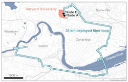 The team’s two-node quantum network is a 35-km loop that runs through Cambridge, Somerville, Watertown, and Boston, Massachusetts. The team’s two-node quantum network is a 35-km loop that runs through Cambridge, Somerville, Watertown, and Boston, Massachusetts.