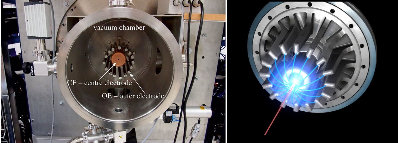 FIGURE 6. The chamber of the Dense Plasma Focus (DPF) device (left) and an artist's concept of DPF discharge (right).