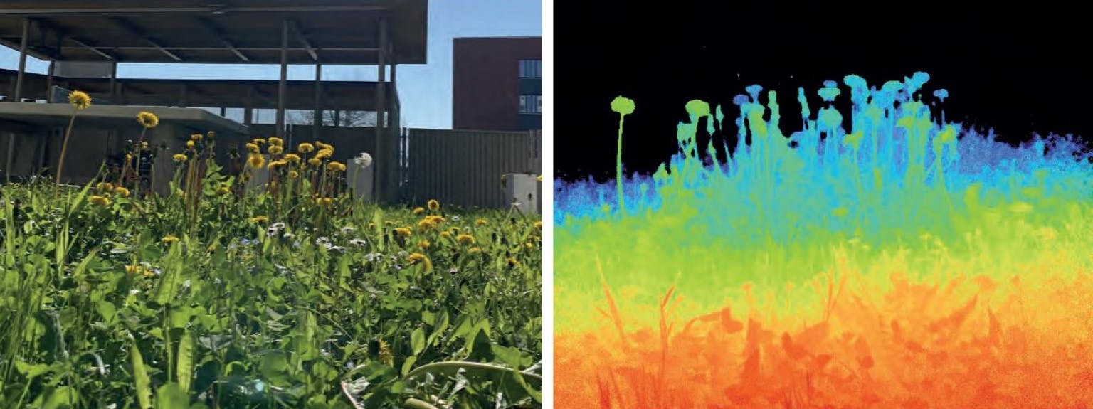 FIGURE 2. 3D camera to image outdoor objects using a 1130 nm light source under high levels of sunlight. The left image shows the outdoor setup with sun facing target, and the right image shows the captured depth image of the object.