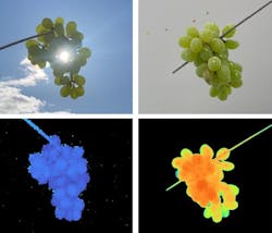 FIGURE 3. Outdoor setup with the camera facing sun (top left); captured depth image (bottom left); indoor setup with the presence of typical indoor artificial ambient lighting (top right); and captured depth image (bottom right). FIGURE 3. Outdoor setup with the camera facing sun (top left); captured depth image (bottom left); indoor setup with the presence of typical indoor artificial ambient lighting (top right); and captured depth image (bottom right).