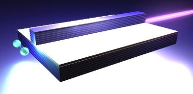 Laser light produced in a layered gallium arsenide (GaAs) semiconductor nanostructure results in entangled photon pairs.