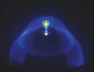FIGURE 1. The dense-plasma-focus lithography system uses a coaxial electrode arrangement to create a plasma in low-pressure xenon gas. The electrodes heat the xenon to very high temperatures, creating a 'pinch' that emits very efficient extreme-ultraviolet radiation.