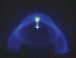 FIGURE 1. The dense-plasma-focus lithography system uses a coaxial electrode arrangement to create a plasma in low-pressure xenon gas. The electrodes heat the xenon to very high temperatures, creating a 'pinch' that emits very efficient extreme-ultraviolet radiation. FIGURE 1. The dense-plasma-focus lithography system uses a coaxial electrode arrangement to create a plasma in low-pressure xenon gas. The electrodes heat the xenon to very high temperatures, creating a 'pinch' that emits very efficient extreme-ultraviolet radiation.