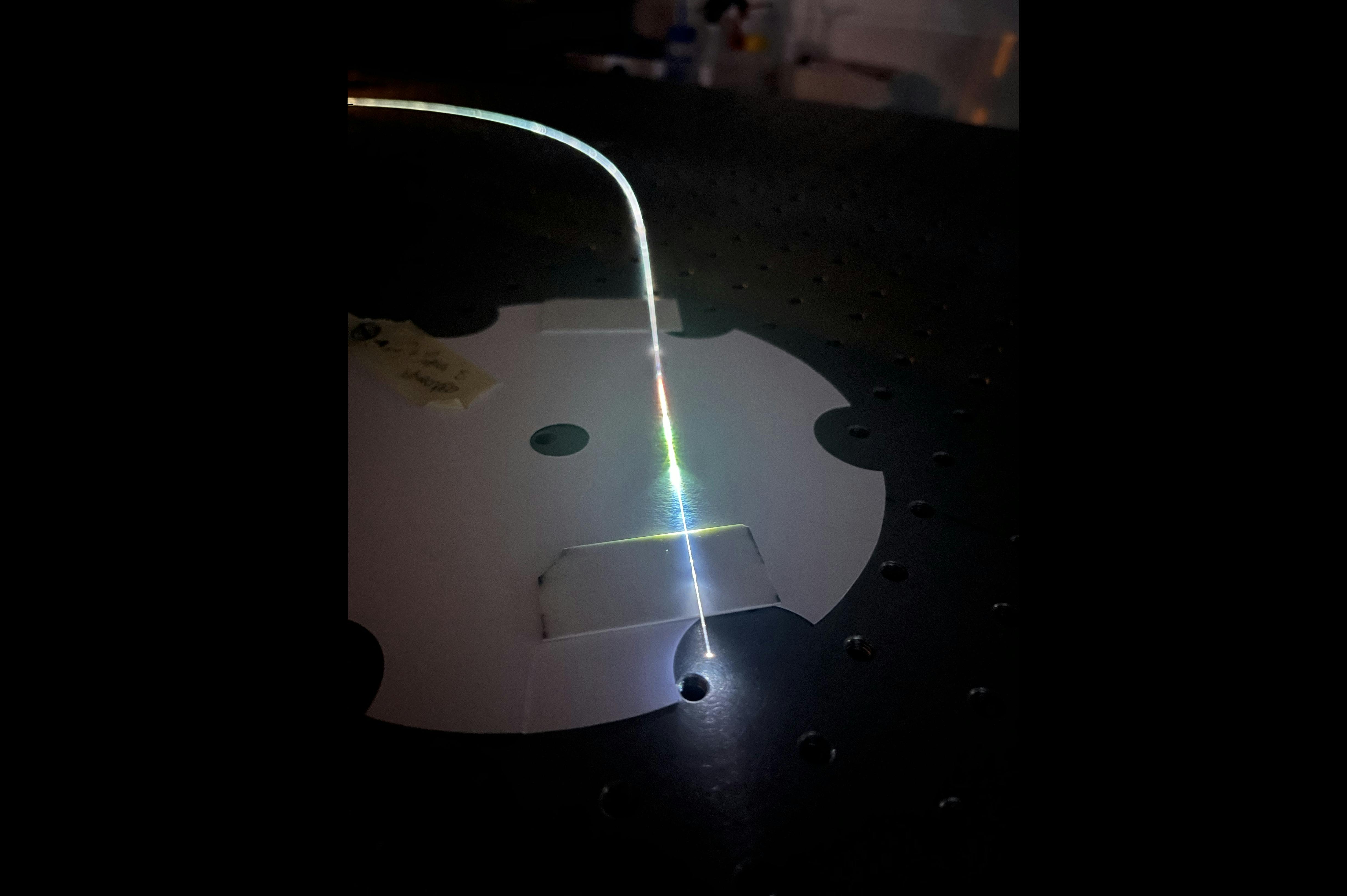 Microstructure fiber post-process and illuminated with white light.