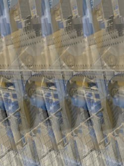 Snapshot of the optical fiber fabrication process—glass is pulled into a cane structure. Snapshot of the optical fiber fabrication process—glass is pulled into a cane structure.