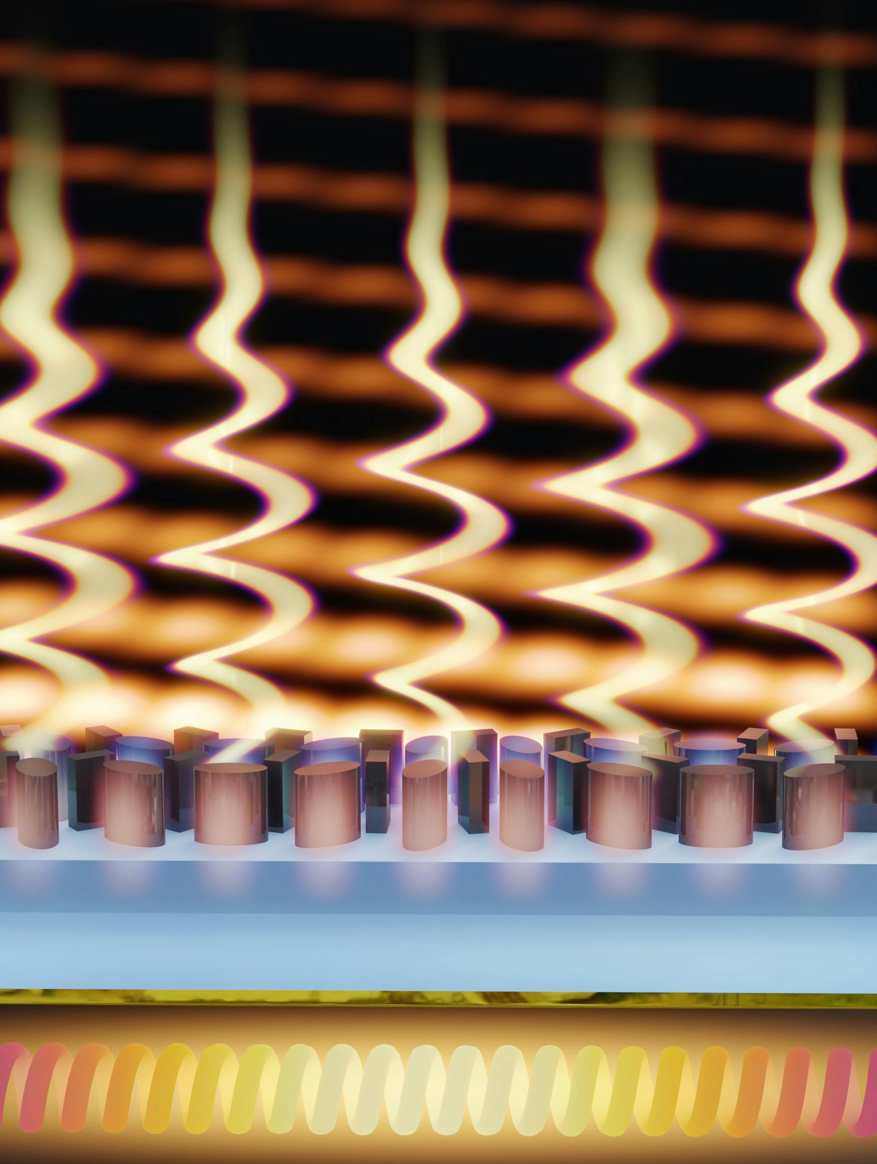 A thermal metasurface made of a single layer of nanostructured silicon (gray) atop glass (blue) and a metal mirror (gold). Its surface is tailored to thermally emit circularly polarized light in a desired direction.