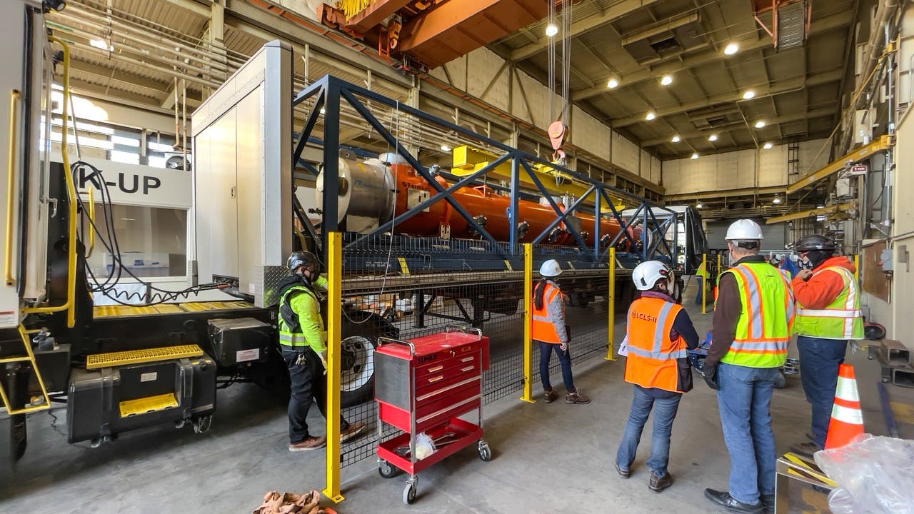 SLAC received its first LCLS-II-HE cryomodule from Fermilab on Feb. 18, 2022.