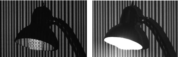 IMAGE: A new depth-sensing camera technology developed by CMU and the University of Toronto can capture 3-D information in even brightly lit scenes; a prototype is able to sense the shape of a lit CFL bulb (left) that would create blinding glare for a conventional camera (right).