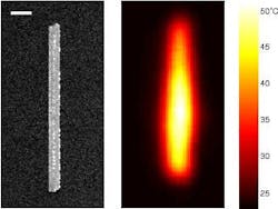 FIGURE 2. Measurements are used to produce a temperature map around a gold nanowire, 250 nm wide and 4 µm long. The left image is an electron-microscope image (the white bar is 400 nm long), and the right image represents the associated temperature map when the nanowire is under IR illumination. FIGURE 2. Measurements are used to produce a temperature map around a gold nanowire, 250 nm wide and 4 µm long. The left image is an electron-microscope image (the white bar is 400 nm long), and the right image represents the associated temperature map when the nanowire is under IR illumination.