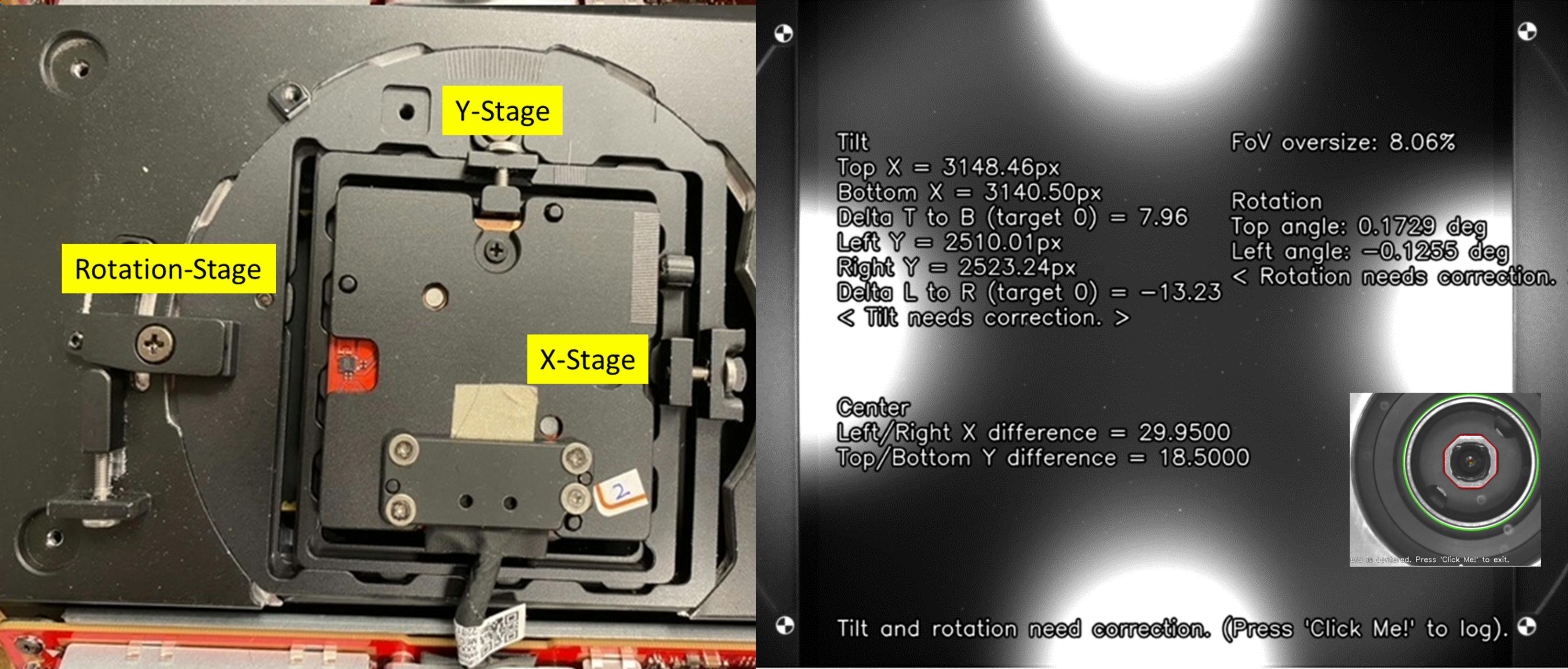 FIGURE 3. Camera image-to-material alignment stages (left) and laser-etched fiducial-driven alignment software interface (right).