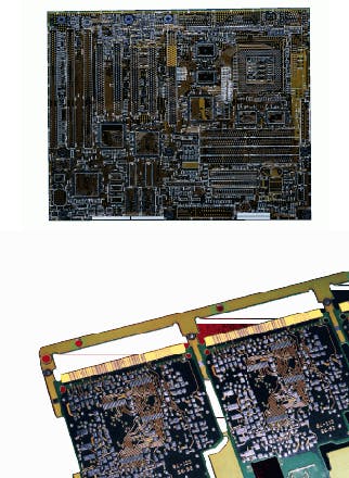 FIGURE 1. Printed-circuit motherboard contains silk-screened white ink lines that are identified with machine-vision system for marking (left). Machine-vision system assists Nd:YAG laser marking machine to etch barcode label on printed-circuit board (bottom).