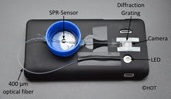 A fiber-optic surface-plasmon-resonance (SPR) sensor has bee developed for smartphones. A fiber-optic surface-plasmon-resonance (SPR) sensor has bee developed for smartphones.