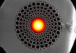 FIGURE 1. A micrograph of a chirped photonic-crystal-fiber cross-section shows the different cell sizes of the cladding. A calculated mode-field pattern added into the core region illustrates the power distribution in a guided mode.5 Different colors refer to different intensities. FIGURE 1. A micrograph of a chirped photonic-crystal-fiber cross-section shows the different cell sizes of the cladding. A calculated mode-field pattern added into the core region illustrates the power distribution in a guided mode.5 Different colors refer to different intensities.