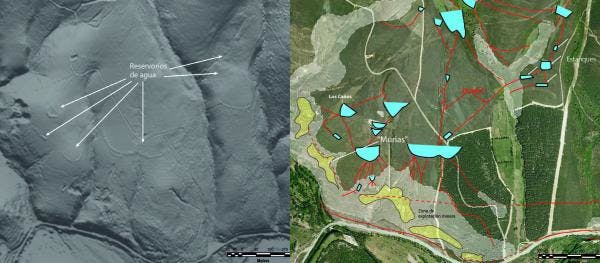 Ancient goldmines in the Eria river valley had channels and reservoirs. The model generated with LiDAR data (left) allows these structures to be located on aerial photos (right).