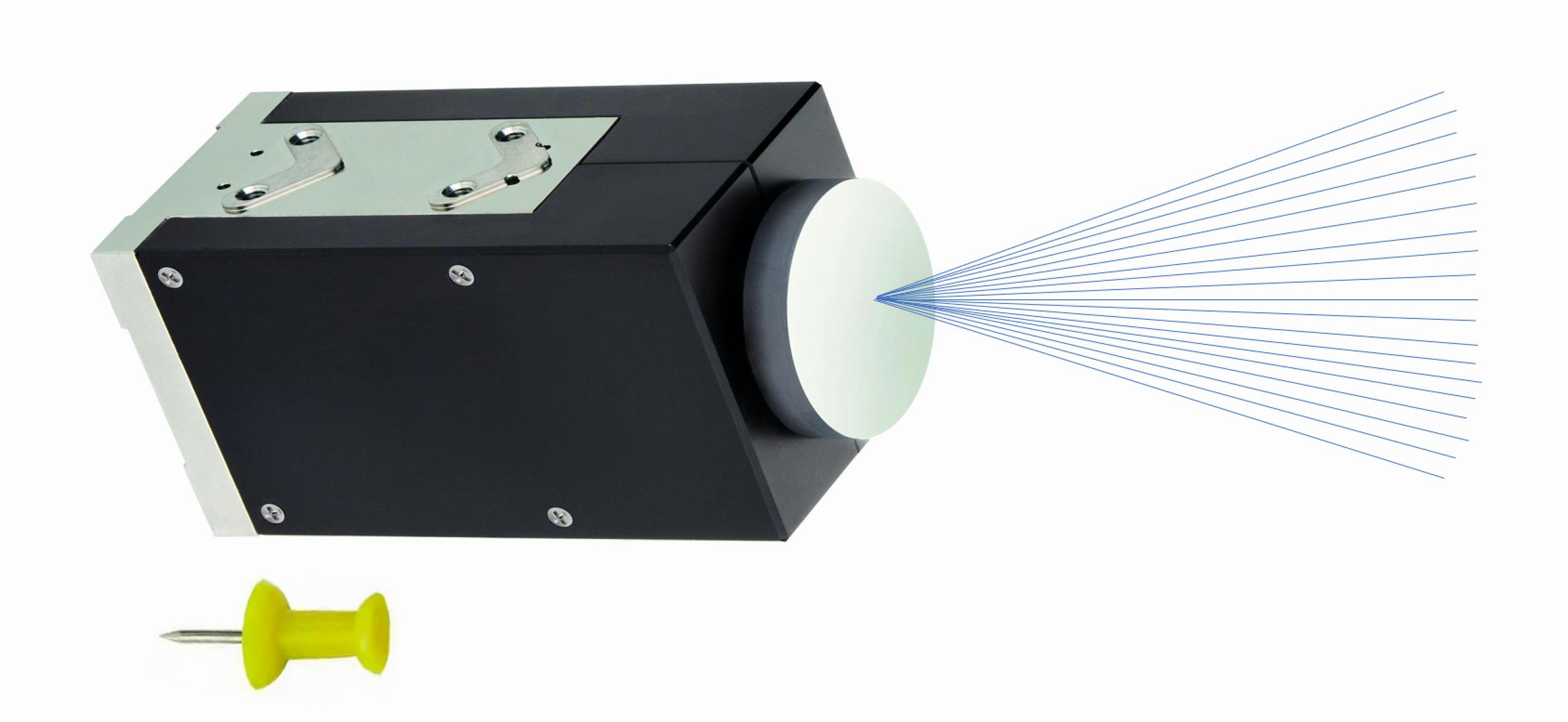 FIGURE 2. The S-335 fast steering mirror (FSM) from PI (Physik Instrumente) combines large angles, high bandwidth, and high-resolution motion in two degrees of freedom. Pushpin for scale, simulated beams. See https://youtu.be/uatC5DNR6_0 for a video showing different FSMs in action.