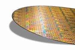 FIGURE 1. TeraPHY optical I/O wafer from GlobalFoundries’ Fotonix monolithic radio-frequency (RF) complementary metal-oxide semiconductor (CMOS) platform. FIGURE 1. TeraPHY optical I/O wafer from GlobalFoundries’ Fotonix monolithic radio-frequency (RF) complementary metal-oxide semiconductor (CMOS) platform.