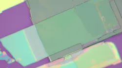 Two thin flakes of niobium oxide dichloride stacked on each other and photographed under a light microscope. One flake’s crystalline grain (gray flake) is positioned perpendicularly to the grain of the other flake (green flake).