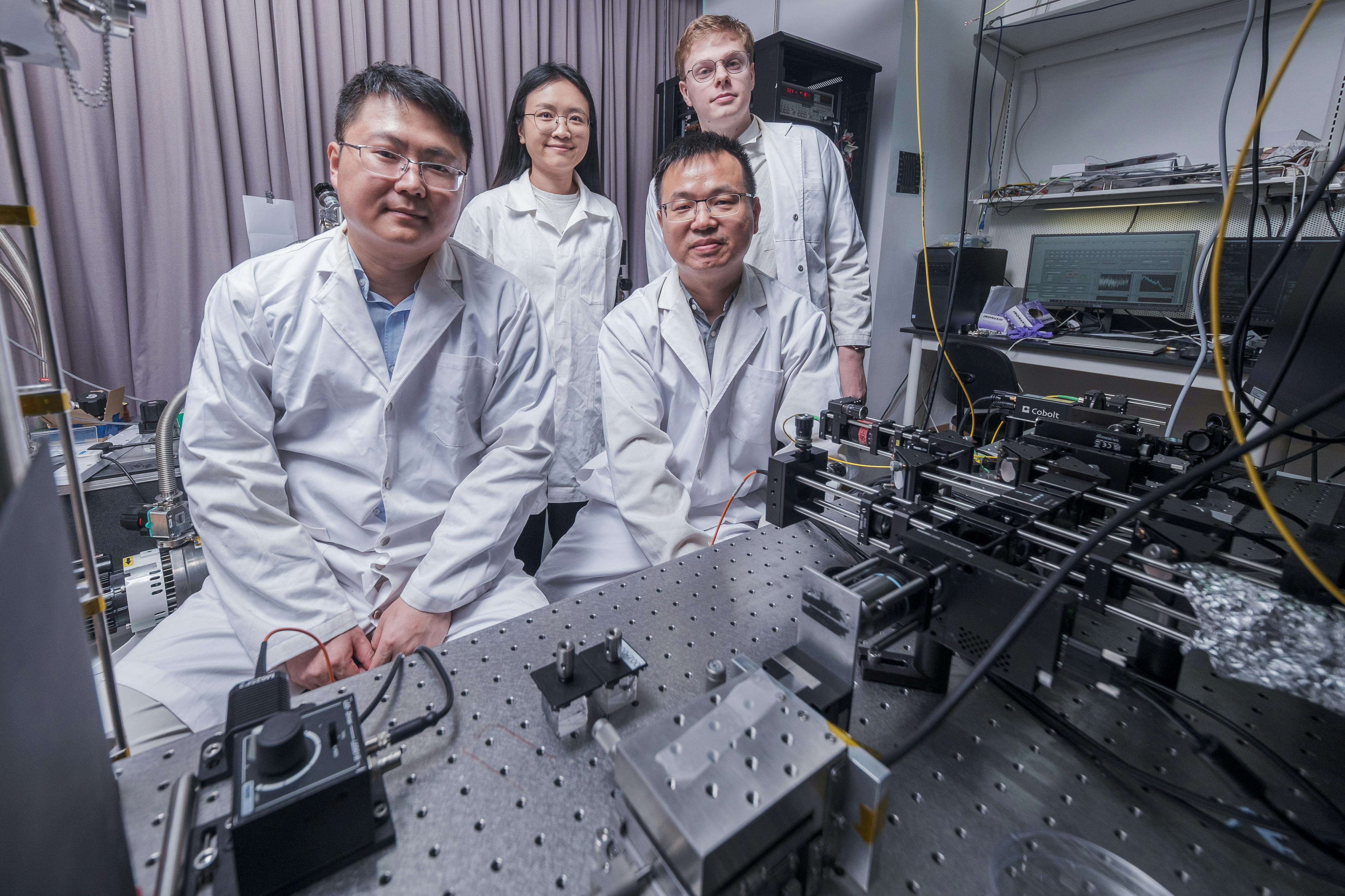 (L-R) Professor Weibo Gao, Dr. Xiaodan Lyu, Professor Liu Zheng, and Ph.D. student Leevi Kallioniemi are part of the NTU Singapore team that found a new way to produce entangled photon pairs with very thin materials.