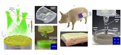 FIGURE 2. Applications of HDSP: Illustration of simultaneous multiplane printing (a), with instant printed points on a multilevel platform (b); remote printing using HDSP in an optically opaque resin (c); the concept of in-body printing (d); and an ex vivo printed part over porcine tissue as a medium barrier (e). FIGURE 2. Applications of HDSP: Illustration of simultaneous multiplane printing (a), with instant printed points on a multilevel platform (b); remote printing using HDSP in an optically opaque resin (c); the concept of in-body printing (d); and an ex vivo printed part over porcine tissue as a medium barrier (e).