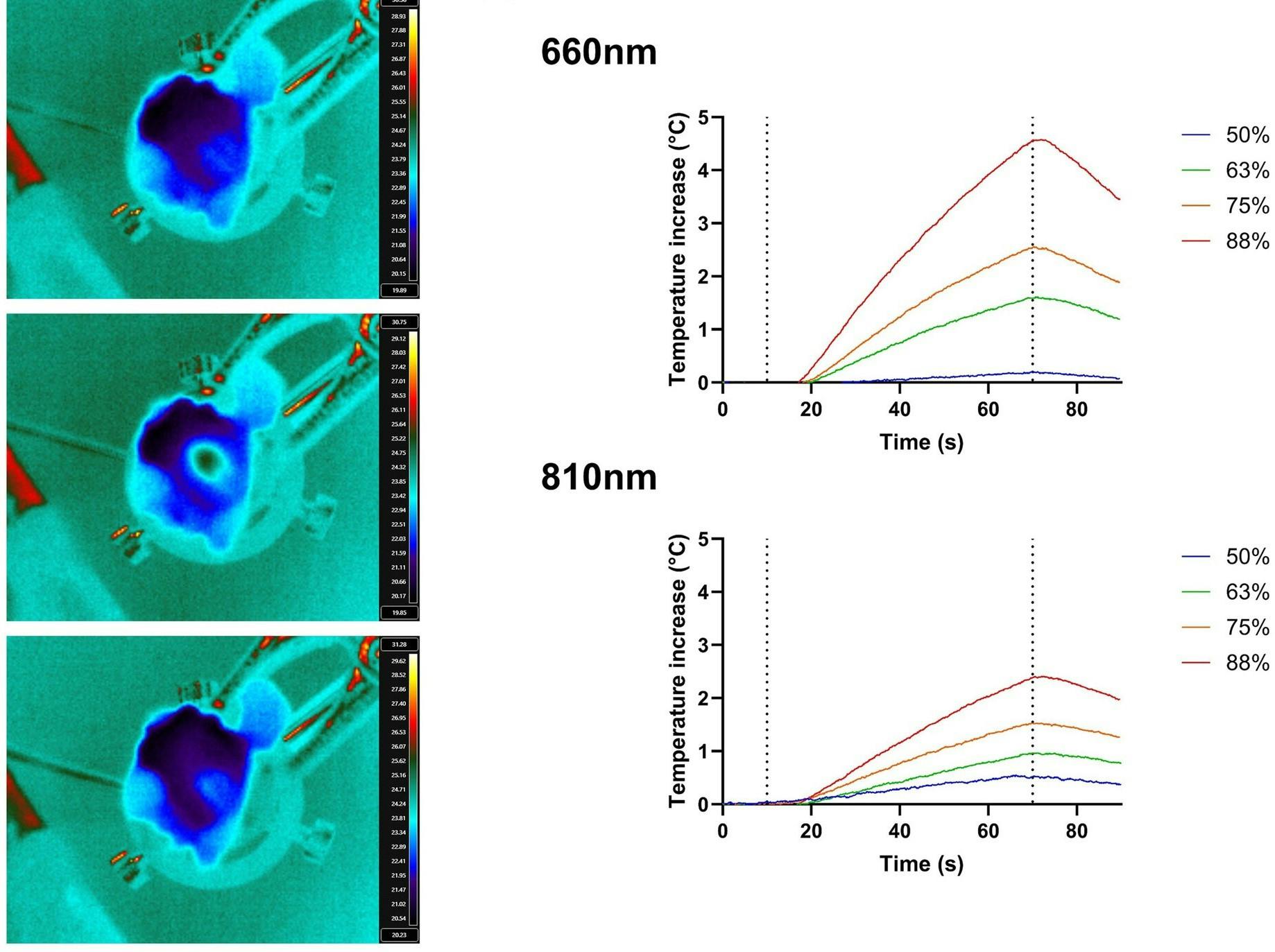 Images of FLIR thermal profiling taken from the internal skull surface (right), and temporal plots of thermal change (maximum temperature) for a region of interest on the internal skull surface (left).