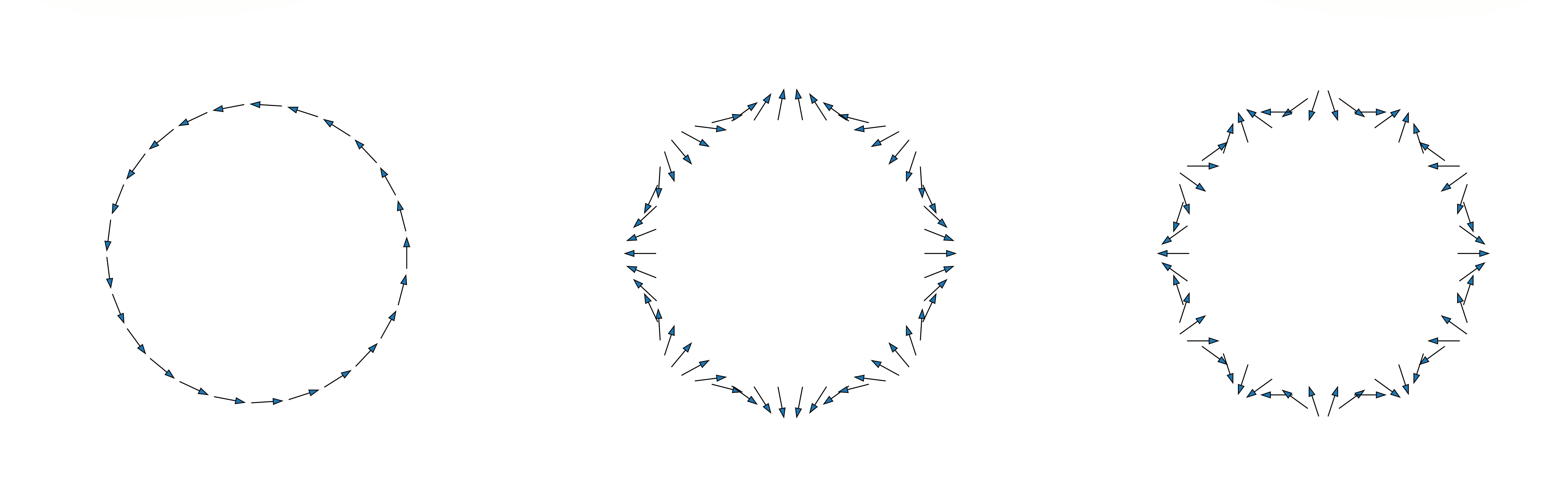 Visualization of the polarization vortex, which shows the electrical field polarization around the beam center corresponding to topological charges +1 (left), -3 (center), and -5 (right).