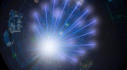 NIF’s high-energy laser beams converge on a target at the center of the target chamber. NIF’s high-energy laser beams converge on a target at the center of the target chamber.