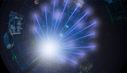 NIF’s high-energy laser beams converge on a target at the center of the target chamber. NIF’s high-energy laser beams converge on a target at the center of the target chamber.