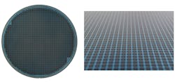FIGURE 3. For highly efficient manufacturing, ESPROS produces their optical system at the wafer level (left), which is suitable for high-volume production while enabling precise patterning of optical apertures over the whole area (right). FIGURE 3. For highly efficient manufacturing, ESPROS produces their optical system at the wafer level (left), which is suitable for high-volume production while enabling precise patterning of optical apertures over the whole area (right).