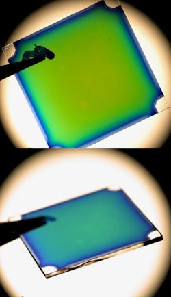 In contrast to the polariton filters, a reference filter using a conventional thin-film optics design shows a very clear change in color with angle of observation. In contrast to the polariton filters, a reference filter using a conventional thin-film optics design shows a very clear change in color with angle of observation.
