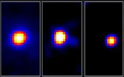 At gamma-ray energies between 1 and 10 GeV, radio galaxy NGC 1275 is visible (left). At higher energies (10 to 100 GeV), another source (galaxy IC 310) can be faintly seen nearby (center). At energies from 100 to 300 GeV), only the new source is visible.
